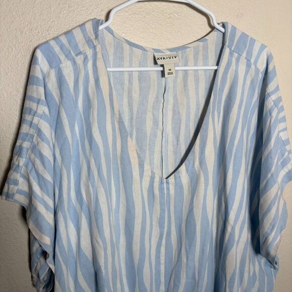 Ava & Viv Blouse Women's 3X Striped Short Sleeve Tie Linen Blend Printed - Picture 3 of 9